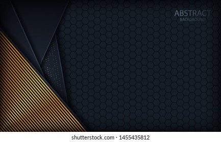 Dark blue overlap background with gold lines. Texture with glitters and hexagon pattern.