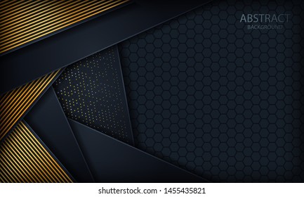 Dark blue overlap background with gold lines. Texture with glitters and hexagon pattern.