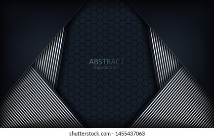 Dark blue overlap background with silver lines. Texture with hexagon pattern.