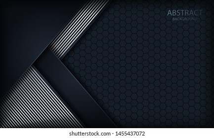 Dark blue overlap background with silver lines. Texture with hexagon pattern.