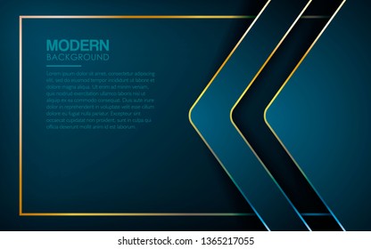 Dark blue overlap layers abstract background. Modern shape with light golden line element decoration. Realistic dimension design vector illustration.