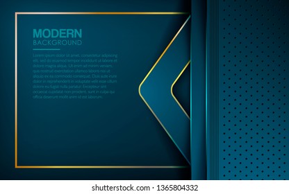 Dark blue overlap layers abstract background. Modern shape with light golden line element and textured layer decoration. Realistic dimension design vector illustration.