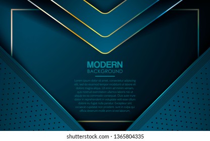 Dark blue overlap layers abstract background. Modern shape with light golden line element and textured layer decoration. Realistic dimension design vector illustration.