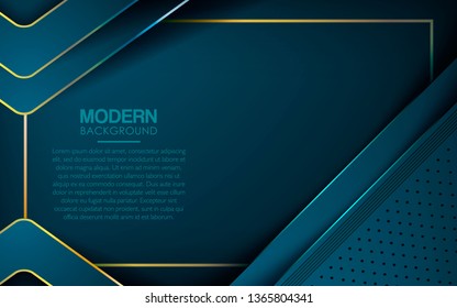Dark blue overlap layers abstract background. Modern shape with light golden line element and textured layer decoration. Realistic dimension design vector illustration.