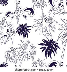 Dark blue palm tree seamless pattern on white background. Vector illustration. Element for wallpaper, textile print, background, wrapping paper, telephone cover.