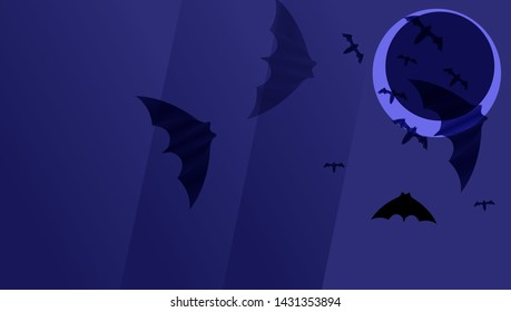 Dark blue paper background with black bats on dark moon. Halloween greeting card.