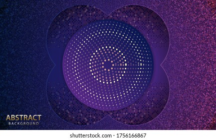 Dark blue paper cut background. Abstract realistic layered papercut decoration textured with golden halftone pattern. Vector illustration.