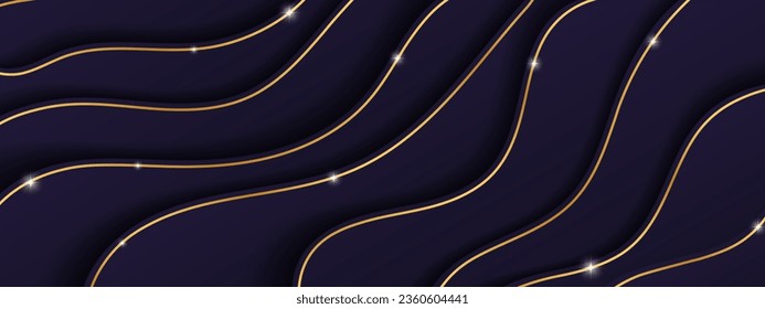 Dark Blue Paper cut out waves with golden orange lines in motion background template. Abstract geometric wave patterned backdrop in dark blue. Vector Illustration. 