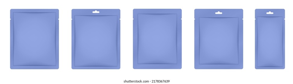 Dark blue paper sachet or pouch. Vector bags mockup, wet wipes paper or foil packs. Cosmetics samples. Moisturizing sheet face mask	