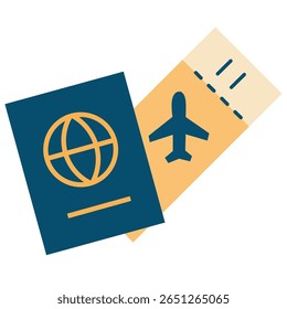 Dark blue passport with a golden globe icon, paired with a yellow boarding pass featuring an airplane symbol. Perfect for travel, tourism, or airline-related content.