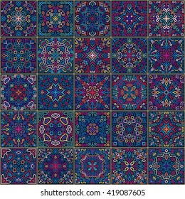 Dark blue patchwork seamless pattern. Boho chic fabric. Colorful line square tiles. Ethnic flower ornament print for wallpaper. Unusual oriental design element. Vector textured hand drawn background. 