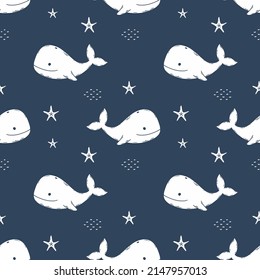 Dark blue pattern with  cute whale. Endless background  nursery. Repeating wallpaper for sewing clothes and printing on fabric. Children vector illustration.