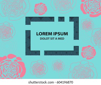 Dark blue patterned with circles frame surrounded by pink flowers isolated on bright blue background. Vector illustration. Element for design of invitations, movie posters, fabrics and other objects.