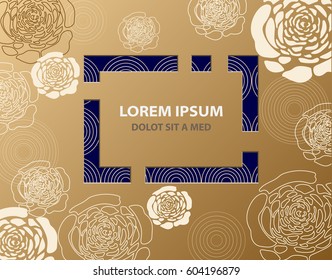 Dark blue patterned with circles frame surrounded by light flowers isolated on golden background. Vector illustration. Element for design of invitations, movie posters, fabrics and other objects.