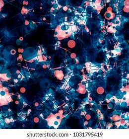 Dark blue and pink colors. Circle lines and blots mix random. Seamless texture. Abstract vector background for web page, banners backdrop, fabric, home decor, wrapping