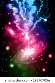 Dark blue pink green Night sky with stars and nebula. lightning flash strike background. bolt, thunderbolt. thunder