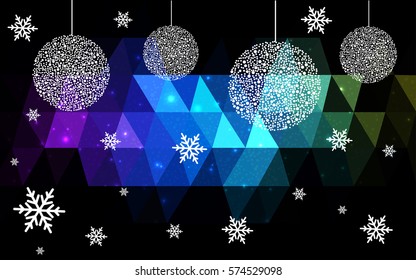 Dark blue, pink, green vector low poly crystal background with snowflakes. Polygon christmas design pattern . Low poly illustration of New Year celebration.