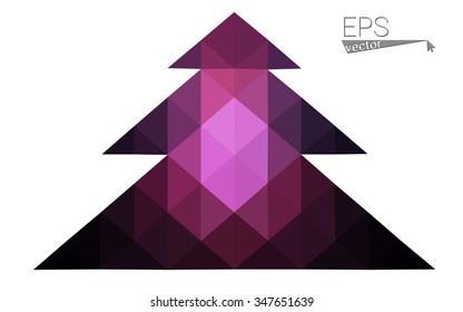 Dark blue, pink low poly style christmas tree vector illustration consisting of triangles.Abstract triangular polygonal origami or crystal design of New Years celebration.Isolated on white background