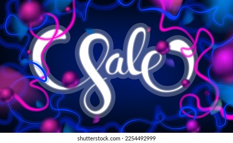 dark blue and pink neon background with metallic balls and Sale text. Vector modern illustration 2023 style