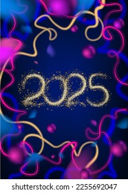fondo de neón azul oscuro y rosa con bolas metálicas y texto de 2025. Ilustración vectorial moderna estilo 2023