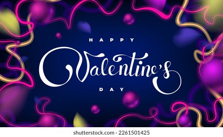 dark blue and pink neon background with Happy Valentine's Day text. Vector modern illustration 2023 style