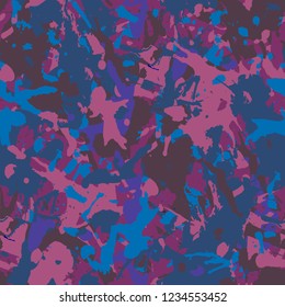 Dark blue and pink paint splashes seamless pattern, abstract multicolor vector background. Colorful design wallpaper.