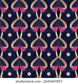 Dark blue and pink pattern with geometric shapes, gold accents, grunge lines ikat pattern, ikat seamless pattern, Vector illustration background for print the paper.