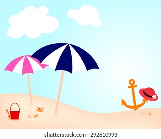 dark blue and pink umbrella, red bucket for children play and orange anchor with red hat on the beach in summer holiday