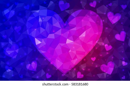 Dark Blue, pink vector abstract Triangle Geometrical Heart on white polygonal background. Happy Valentine's Day Greeting Card. Stock template for your design.