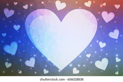 Dark blue, pink vector love background with heart. Paper note. Valentine's greeting polygonal card. Triangular illustration for your business. Stock template for your design.