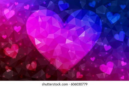 Dark BLUE, pink vector love background with heart. Paper note. Valentine's greeting polygonal card. Triangular illustration for your business. Stock template for your design.