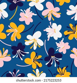 Dark Blue with pink, yellow and dark blue florals with long stamens seamless pattern background design.