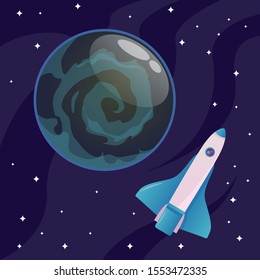 Dark blue planet with spiral on its surface, white rocket is studying it