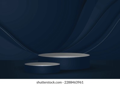 Dark Blue Podium with Abstract Wave on Blue Background for Product Display