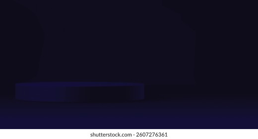 Dark blue podium vector with a 3D square design on a dark blue background. Realistic podium, perfect for product displays, presentation stages, or modern designs with a sleek blue cube.