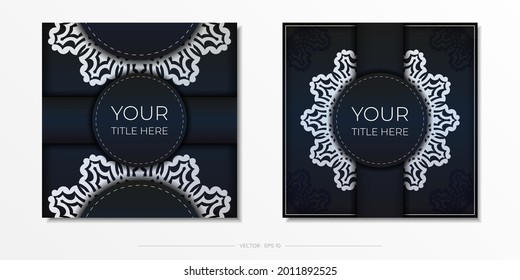 Dark blue postcard template with white Indian mandala ornament. Elegant and classic vector elements ready for print and typography.