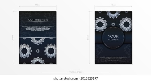 Dark blue postcard template with white abstract mandala ornament. Elegant and classic vector elements ready for print and typography.