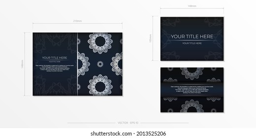 Dark blue postcard template with white abstract mandala ornament. Elegant and classic vector elements ready for print and typography.
