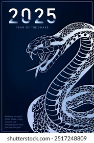 Dark blue poster with coiled silver Asian reptile for 2025 Chinese New Year of the Snake. Greeting card with hand drawn linear snake as Oriental horoscope sign. Christmas invitation placard template