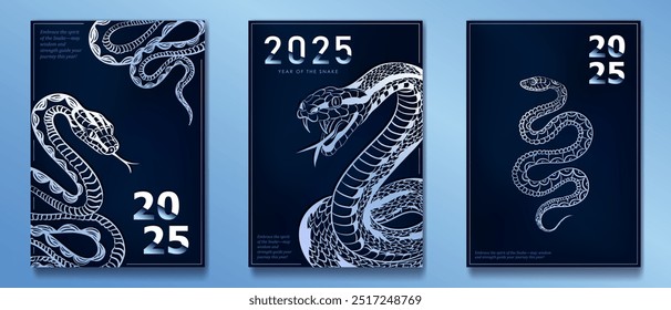 Dark blue posters with coiled silver Asian reptile for 2025 Chinese New Year of the Snake. Greeting cards with hand drawn linear snake as Oriental horoscope sign. Christmas invitation placard template