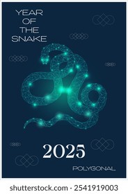 Cartazes azuis escuros com réptil asiático prateado enrolado em poligonal para o Ano Novo Chinês da Cobra de 2025. Cartões com mão desenhada cobra linear como sinal de horóscopo oriental. Convite de Natal