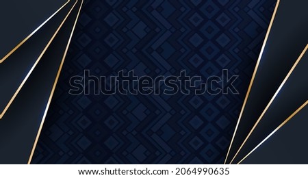 Dark blue premium background with luxury rhombus pattern and gold triangle lines. Gorgeous gradient geometric pattern, luxury gold lines vector. Rich background, premium lines frame royal blue design.