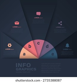 Dark blue premium infographic template with 5 rays. Minimalistic layout for data visualization