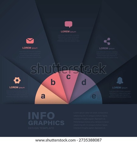 Dark blue premium infographic template with 5 rays. Minimalistic layout for data visualization