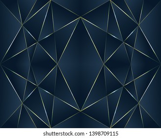 Dark blue premium seamless background with luxury polygonal pattern and gold triangle lines. Low poly gradient shapes luxury gold lines vector. Rich background, premium triangle polygons blue design.