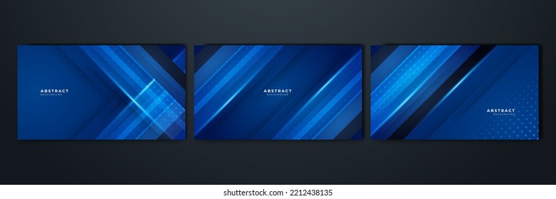 Dark blue presentation background set with modern abstract geometric texture. Vector illustration blue background for poster, social media cover, game design, tech banner and much more