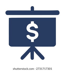 Caballete azul oscuro de la presentación con el dinero blanco del icono del signo del dólar