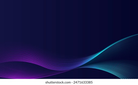 Dark blue and purple gradient abstract background. Line pattern with glowing waves, animated colorful line design elements, modern banner, Future technology and presentation ideas.