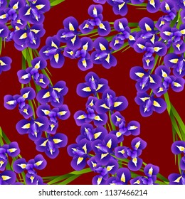 Dark Blue Purple Iris Flower on Red Background. Vector Illustration.