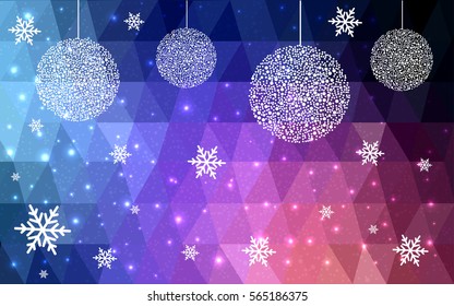 Dark Blue, purple, pink vector low poly crystal background with snowflakes. Polygon christmas design pattern . Low poly illustration of New Year celebration.